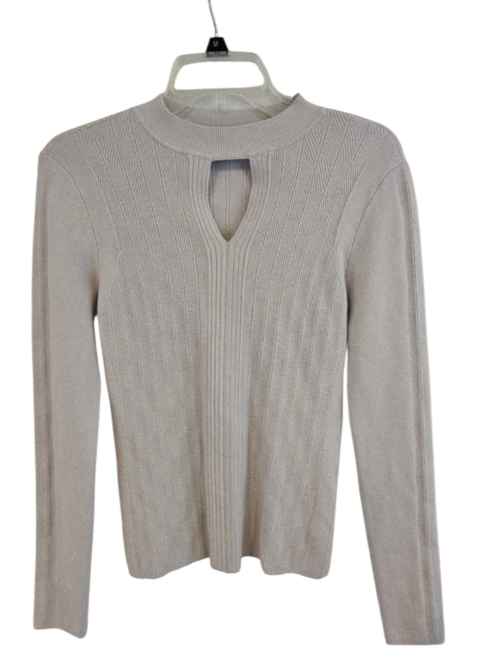 White House Black Market Gray Metallic Sparkly  Ribbed Keyhole Sweater Size L